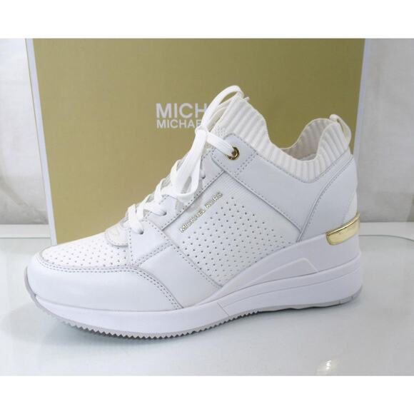 Michael Kors Georgie Knit Trainer Wedge Sneakers MK Logo Optic White - Picture 1 of 8